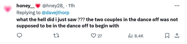 They wrote on ?????? None of the couples in the dance competition deserved to be there when they have improved week after week and then there are others who have had several bad weeks and keep going.'