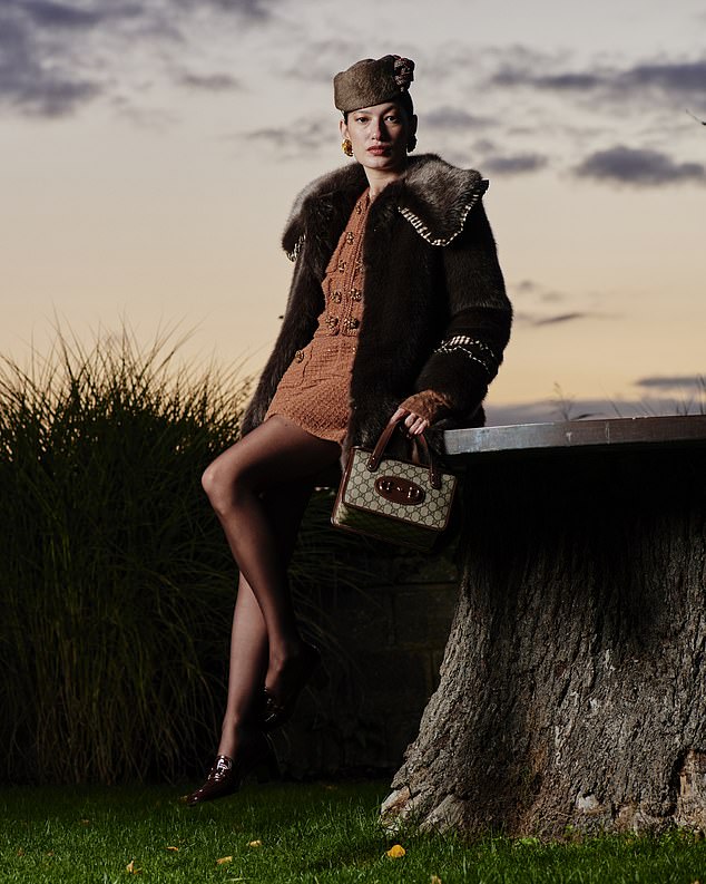 Coat, £195, shrimp via theoutnet.com; jacket, £250 and skirt, £380, selfportrait.com; shoes, £329, lkbennett.com; hat, £165, ndlqmillinery.com; bag, Gucci via cocoon.club, memberships from £49 a month; wrist warmers, £65, rosiesugden.com; earrings, £85, pinarozevlat.com