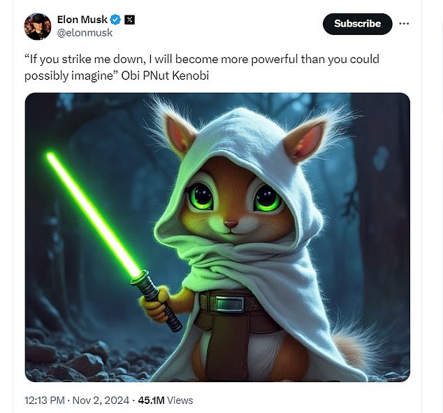 Even Musk weighed in, sharing an AI-generated image of a squirrel carrying a Star Wars lightsaber and a Peanut-related pun.