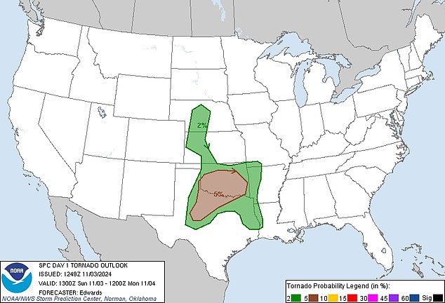 This graph from NOAA provides an overview of the probability of tornadoes forming in the areas mentioned above.