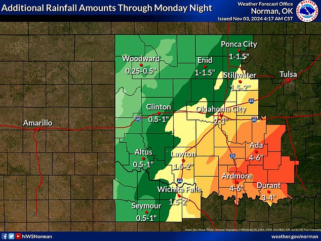 This graph, formed using forecast data from the NWS, shows the possible amount of rain certain areas of Oklahoma could experience through Monday night.