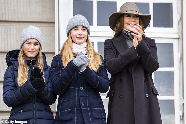 Queen Mary was joined by Princess Josephine (C) and her friend (L)