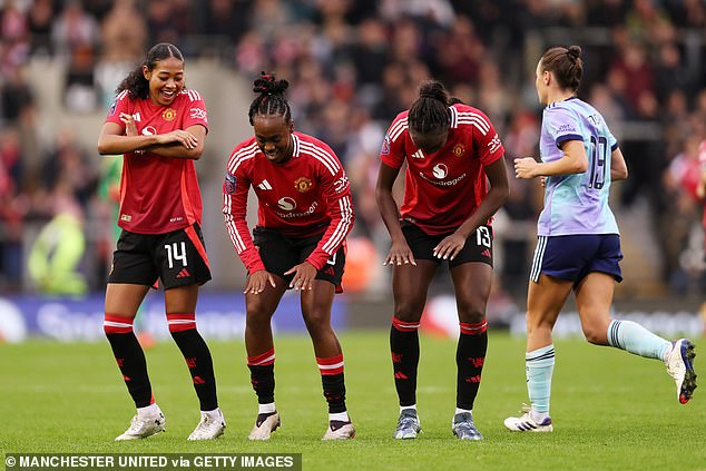 A jubilant Melard celebrates her goal with teammates Jayde Riviere and Simi Awujo.