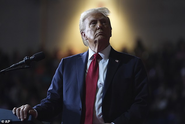 Former President Donald Trump, a Republican presidential candidate, looks at a video screen at a campaign rally at the Salem Civic Center, Saturday, Nov. 2, 2024, in Salem, Virginia.