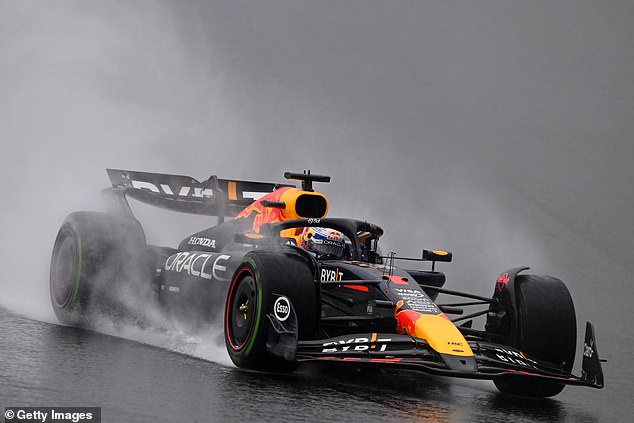 Spray flies off Verstappen's car during Sunday's wet Brazilian Grand Prix.