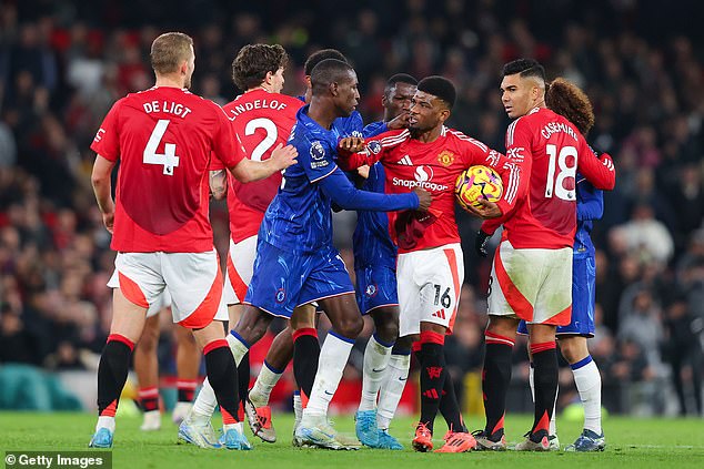 Tempers flared at several conflict points at Old Trafford between United and Chelsea players.