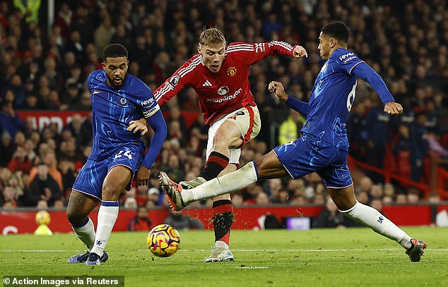 Rasmus Hojlund (centre) was well marshalled by the Chelsea defense in the 1-1 draw.