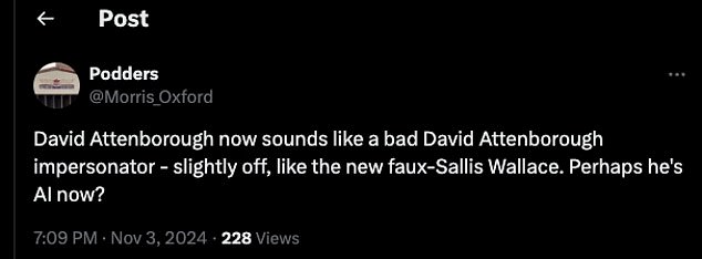 One person addressed X and said: 'Is anyone else confused as to why the incredible David Attenborough's voice sounds different?' Is it like they tuned it automatically? #Asia'