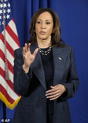 Vice President Kamala Harris speaks to reporters after delivering a speech at a church service at Greater Emmanuel Institutional Church of God in Christ on Sunday, Nov. 3 in Detroit, Michigan.