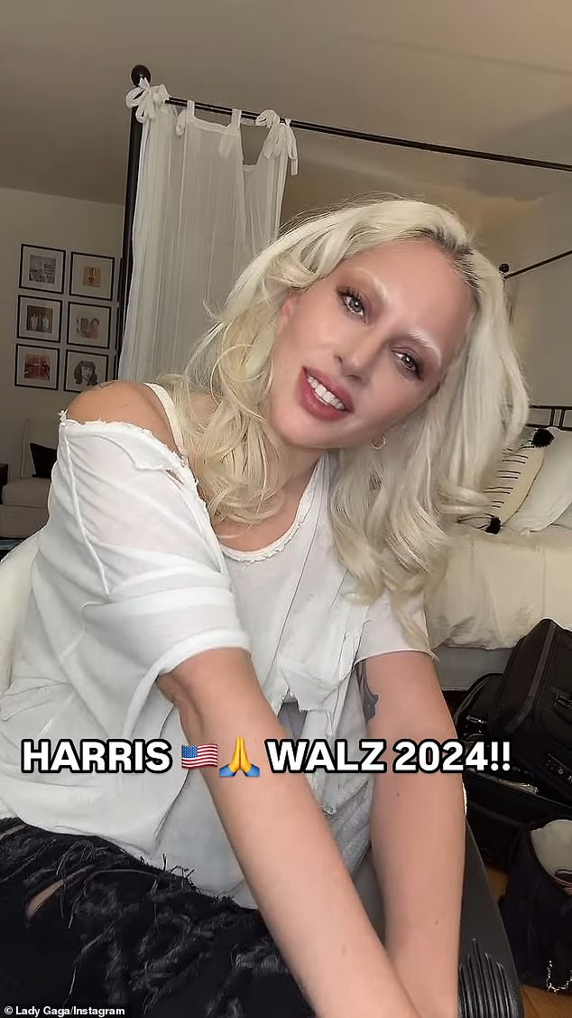 Lady Gaga (born Stefani Germanotta) didn't mention names, but there was a caption above her video that said, 'Harris Walz 2024!'