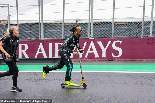 Hamilton, 39, photographed riding a scooter at the Autódromo José Carlos Pace.