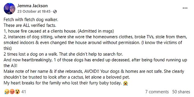 A woman exposed the accusations against the dog sitter in a Facebook post