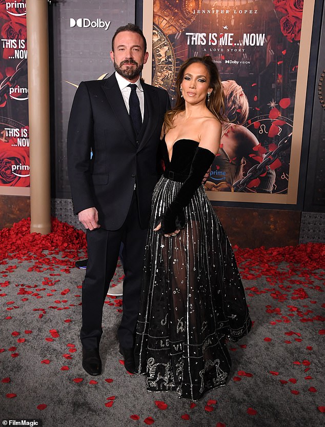 Affleck and Lopez pictured at the debut of This Is Me...Now: A Love Story on February 13, 2024 in Hollywood, California