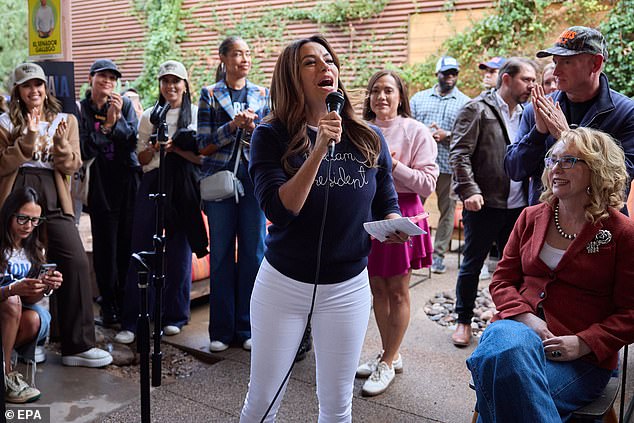 She was joined by stars including Eva Longoria (pictured), Rosario Dawson and Jordana Brewster in Phoenix, Arizona, for a Pachanga to the Polls event.