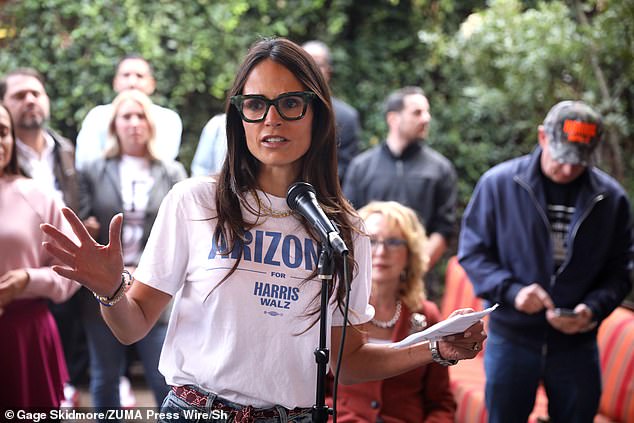 Jordana Brewster completed the all-female quartet in a white 'Arizona for Harris–Walz' t-shirt, which she wore with jeans and a statement burgundy belt.