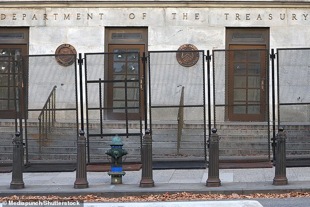 The US Treasury Department seen with a protective barricade as Washington, DC continues preparations ahead of the presidential election.