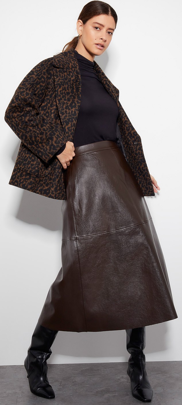 Brown faux leather A-line midi skirt, £69, monsoon.co.uk