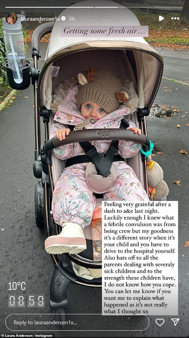 The former Love Island star, 35, who shares her baby with former soap star Gary Lucy, 42, took to Instagram on Monday to share that Bonnie (pictured) was suffering from febrile seizures.