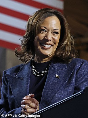 Vice President Kamala Harris smiles during a campaign rally at Michigan State University's Jenison Field House in East Lansing, Michigan, on Sunday, Nov. 3.