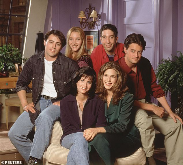 LeBlanc on set with other Friends stars (clockwise) Lisa Kudrow, David Schwimmer, Perry, Jennifer Aniston and Courteney Cox.