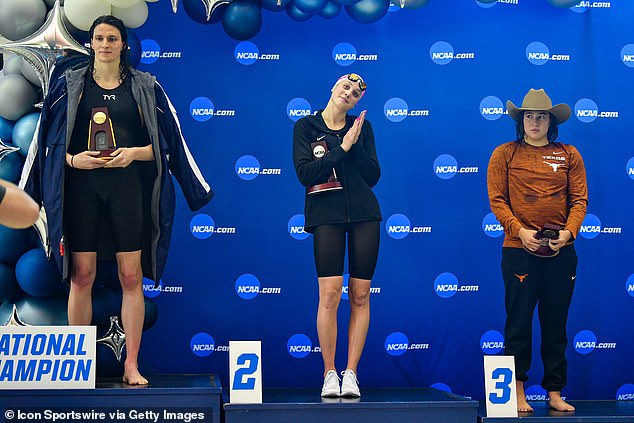 Lia Thomas (left) became the first trans woman to win an NCAA swimming championship in 2022, one of the most controversial examples of inclusion of biological men in women's sports.