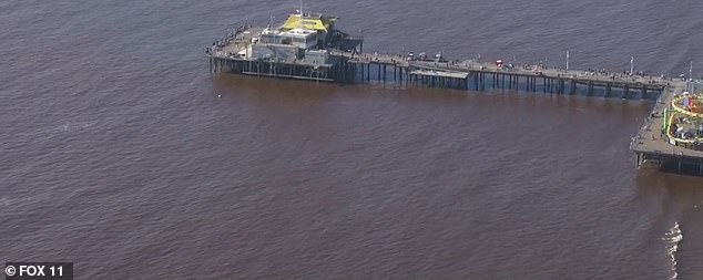 This fall, algae blooms were visible along the California coast. Above, an aerial shot of the Santa Monica Pier.