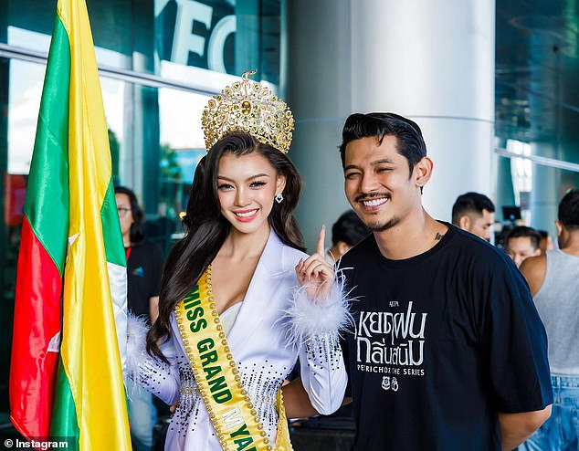 Thae is pictured with Miss Grand Myanmar director Htoo Ant Lwin