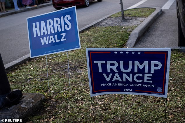 Signs outside a polling place in Florida. Some 20,000 interviews will be taken into account for national exit polls.