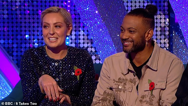 Amy appeared to be in great spirits as she chatted to presenter Janette Manrara, looking glamorous in a stunning blue two-piece suit.