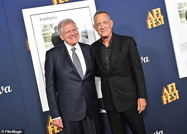 Hanks, 68, reunited with Forrest Gump director Robert Zemeckis (pictured together last month) and co-star Robin Wright, 58, for the film, which covers the events of a single piece of land and its inhabitants until the future.