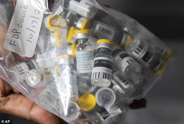 Single-dose vials of the Jynneos vaccine for mpox are seen from a cooler at a vaccination site in Brooklyn, New York, on August 29, 2022, as the disease sweeps the United States.