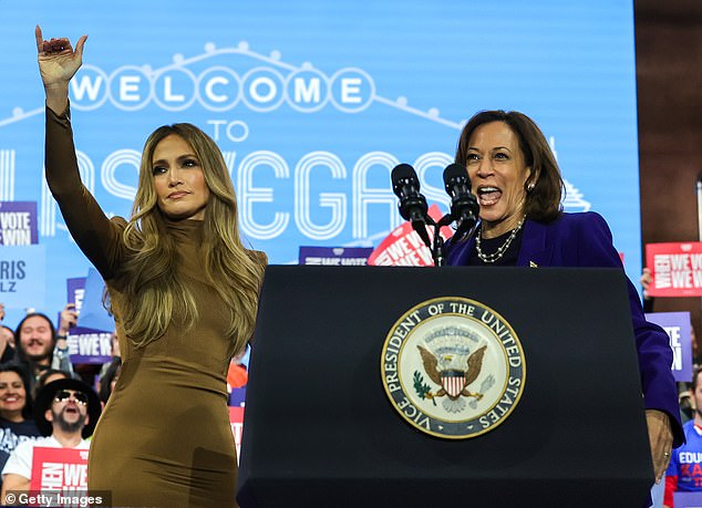 Lopez (left) introduced Democratic presidential candidate and US Vice President Kamala Harris at a When We Voted, We Won campaign rally at the Craig Ranch Amphitheater on October 31 in Las Vegas.