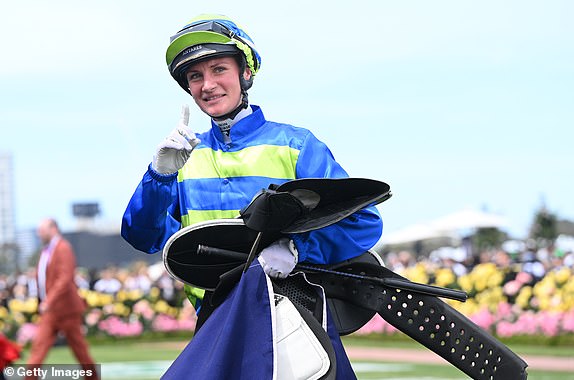 MELBOURNE, AUSTRALIA - NOVEMBER 2: Jamie Kah rides another Wil after winning race 4, The Damien Oliver - Betting Odds during the 2024 Penfolds Victoria Derby Day at Flemington Racecourse on November 2, 2024 in Melbourne, Australia. (Photo by Vince Caligiuri/Getty Images)