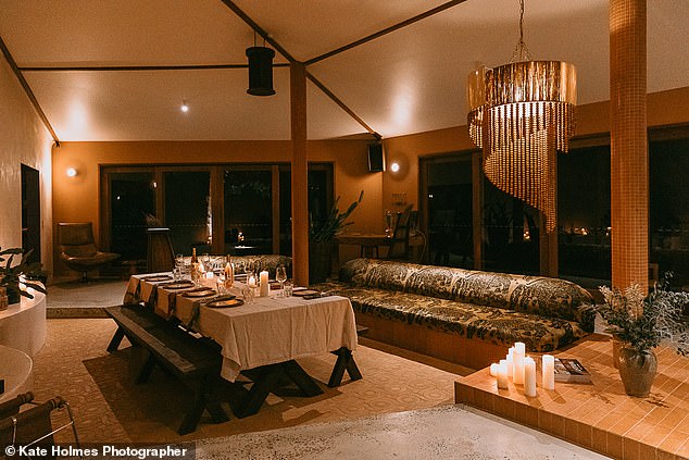 In the photo: the dining room, prepared for dinner. Guests can bring their own food or take advantage of on-site catering options.