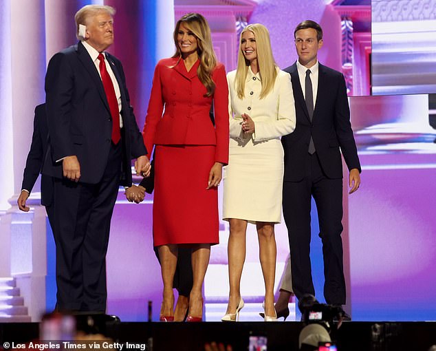 Ivanka Trump hasn't been seen much on her father's campaign trail this year, seen here with her husband, Jared Kushner, and stepmother Melania, at the 2024 Republican National Convention.