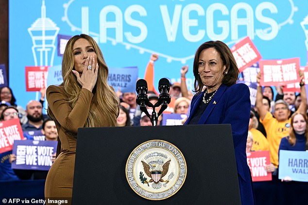 Vice President Kamala Harris (right) campaigned in Las Vegas, Nevada, on Thursday with Jennifer Lopez (left).