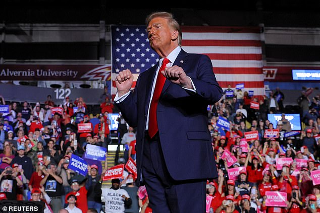 Former President Donald Trump dances on stage at a campaign rally Monday in Reading, Pennsylvania. Nevada is considered one of seven battleground states in this year's presidential election.