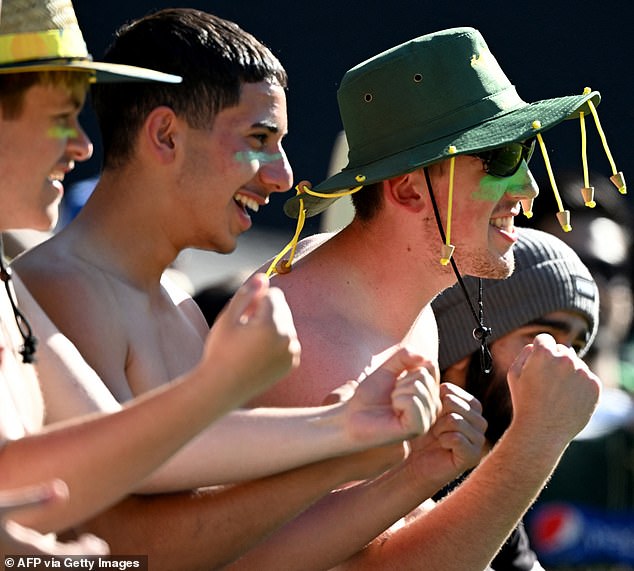 In bizarre scenes, Australian cricket fans (pictured) were comfortably outnumbered at home