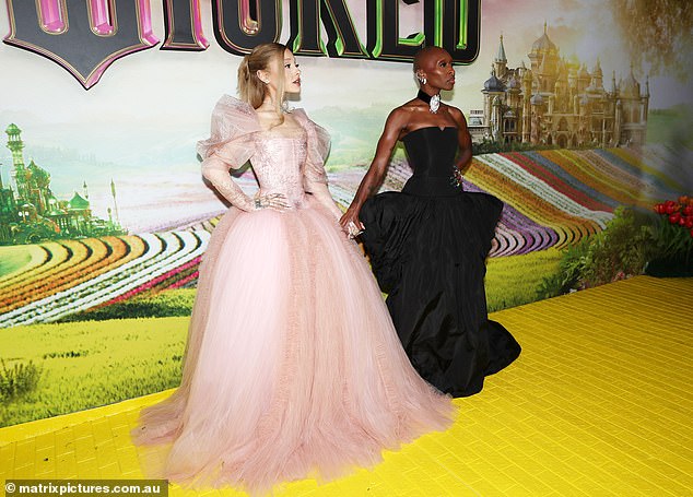 Wicked co-stars Ariana Grande and Cynthia Enviros walking the red carpet at the international premiere of their film.