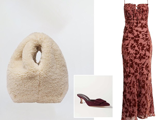 Buy it: ALC Faux Leather Simone Bag, $195; alcltd.com. Maysale 50 suede mules with Manolo Blahnik buckles, $795; net-a-porter.com. Rare London Devore Floral Bow Chiffon Maxi Dress, $150; nordstrom.com