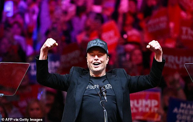 Musk continues to campaign for Trump during the final month of the campaign. He is pictured here at Madison Square Garden in New York on October 27.