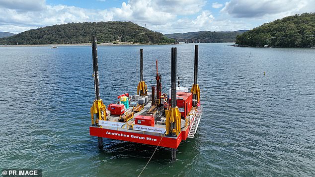 Two drilling rigs (pictured) were installed on Monday at the Hawkesbury River and at Brisbane Water in Gosford, with plans to drill six wells to a depth of 140 metres.