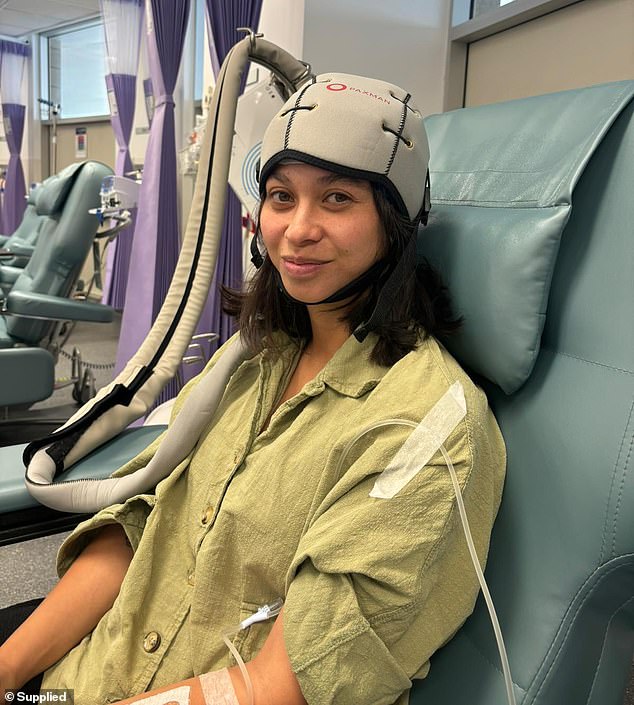 A GoFundMe has been started to help Jacqueline and her family as she undergoes her extensive treatment (pictured, Jacqueline during her first round of chemotherapy).