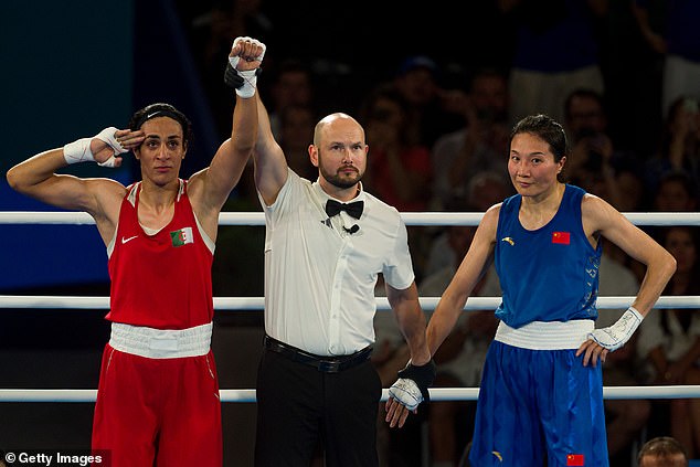 Khelif defeated Chinese boxer Yang Liu (right) by unanimous decision to win gold at the Olympic Games.