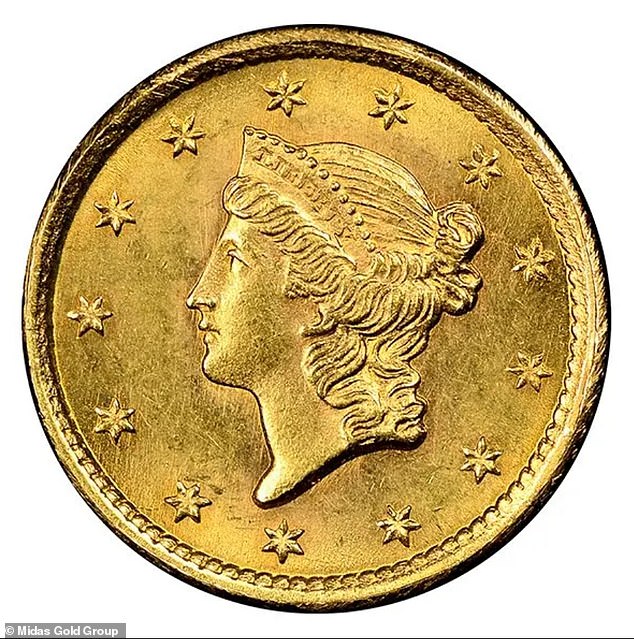 Pictured: An archival image of a Liberty Head gold dollar. These were minted between 1849 and 1856.