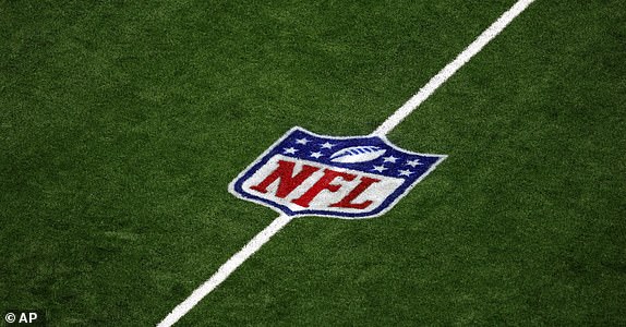 An elevated view of the NFL Shield logo is seen on the field during an NFL football game between the New Orleans Saints and the Tampa Bay Buccaneers, Sunday, Oct. 13, 2024, in New Orleans. (AP Photo/Tyler Kaufman)