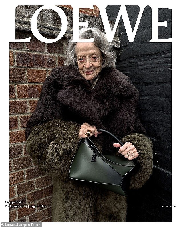 Maggie Smith beaming in front of the camera in a fashion campaign for Loewe in what would end up being her last photo