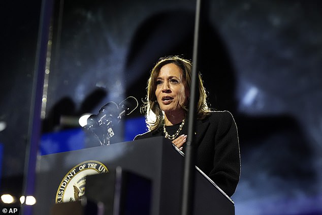 Democratic vice presidential candidate Kamala Harris speaks during a campaign rally outside the Philadelphia Museum of Art, Monday, Nov. 4, 2024.