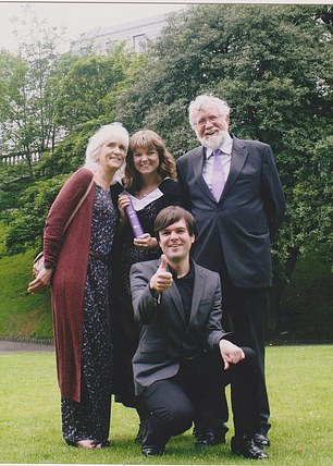 Mrs Cameron, pictured with her children and husband Jim on her daughter's graduation day, did not realize her case was unusual until she was 65.