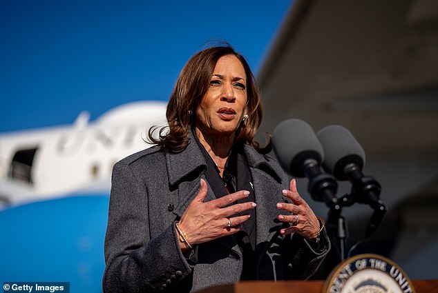 Throughout her campaign, Harris (pictured earlier this month) also received major support from Oscar winners, Grammy superstars and music icons, including Taylor Swift, Jennifer Lopez and George Clooney.